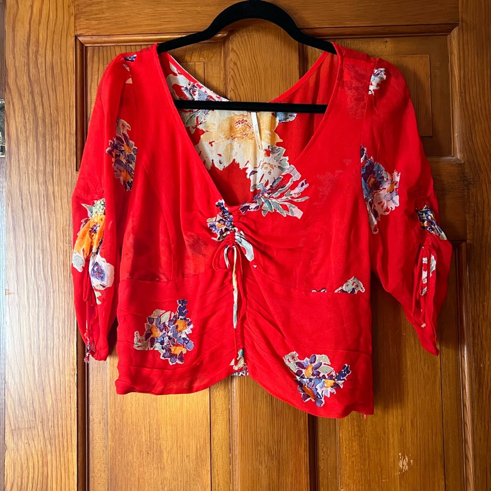 Free People Red Floral Tie-Front Blouse